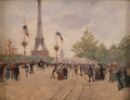 Quadro decorativo mostrando a Torre Eiffel em Paris ao fundo, com uma multidão de pessoas elegantes caminhando em primeiro plano, em tons suaves e atmosféricos, de Jean Béraud.