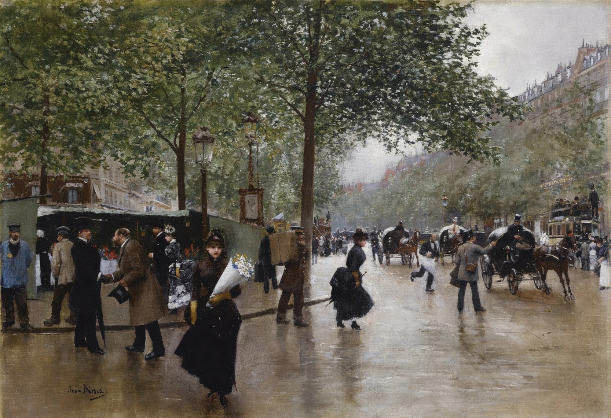 Quadro decorativo representando uma movimentada cena de rua em Paris sob um céu nublado, com pessoas caminhando, carruagens e árvores frondosas, pintado por Jean Béraud.