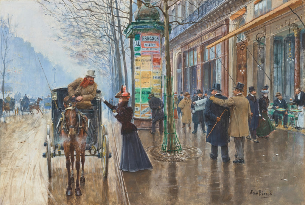Quadro decorativo mostrando uma cena de rua parisiense do século XIX, com pessoas elegantes interagindo sob um céu nublado e ruas molhadas, com uma charrete em primeiro plano e edifícios clássicos ao fundo, obra de Jean Béraud.