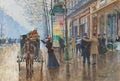 Quadro decorativo mostrando uma cena de rua parisiense do século XIX, com pessoas elegantes interagindo sob um céu nublado e ruas molhadas, com uma charrete em primeiro plano e edifícios clássicos ao fundo, obra de Jean Béraud.