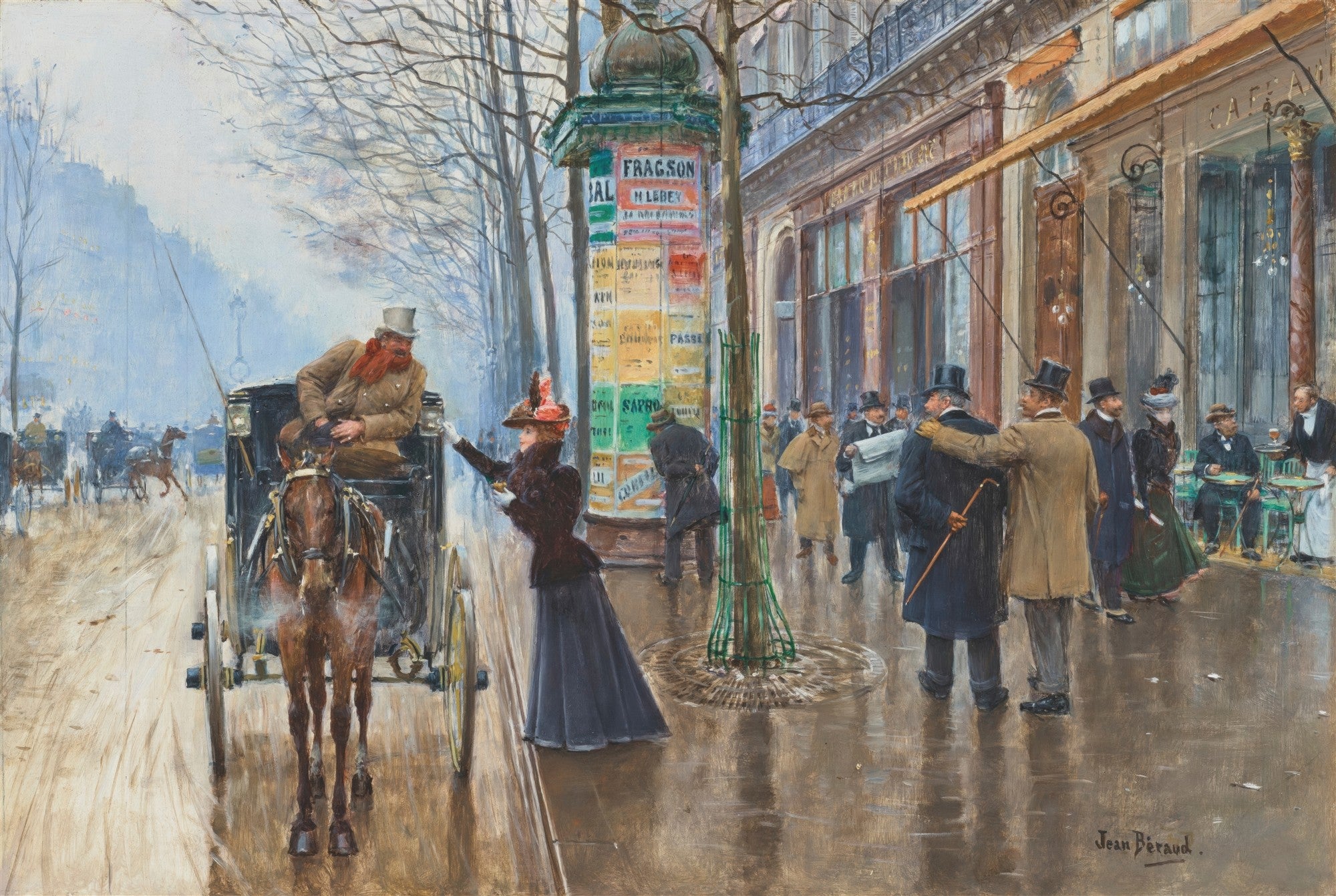 Quadro decorativo mostrando uma cena de rua parisiense do século XIX, com pessoas elegantes interagindo sob um céu nublado e ruas molhadas, com uma charrete em primeiro plano e edifícios clássicos ao fundo, obra de Jean Béraud.
