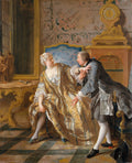Quadro decorativo 'A Leitura de Molière' de Jean François de Troy, representando um casal aristocrático em uma cena de drama e sedução em um interior rococó, com a mulher sentada e o homem de pé, ambos com vestes luxuosas.