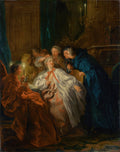 Pintura a óleo de Jean François de Troy, 'A Leitura de Molière', mostrando um grupo de pessoas elegantemente vestidas em torno de uma mulher que lê à luz de velas, com detalhes de roupas e expressões faciais.