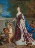 Retrato de uma mulher da realeza em vestido roxo luxuoso, com putti e um cachorro, em um jardim renascentista. Jean François de Troy, século XVIII.