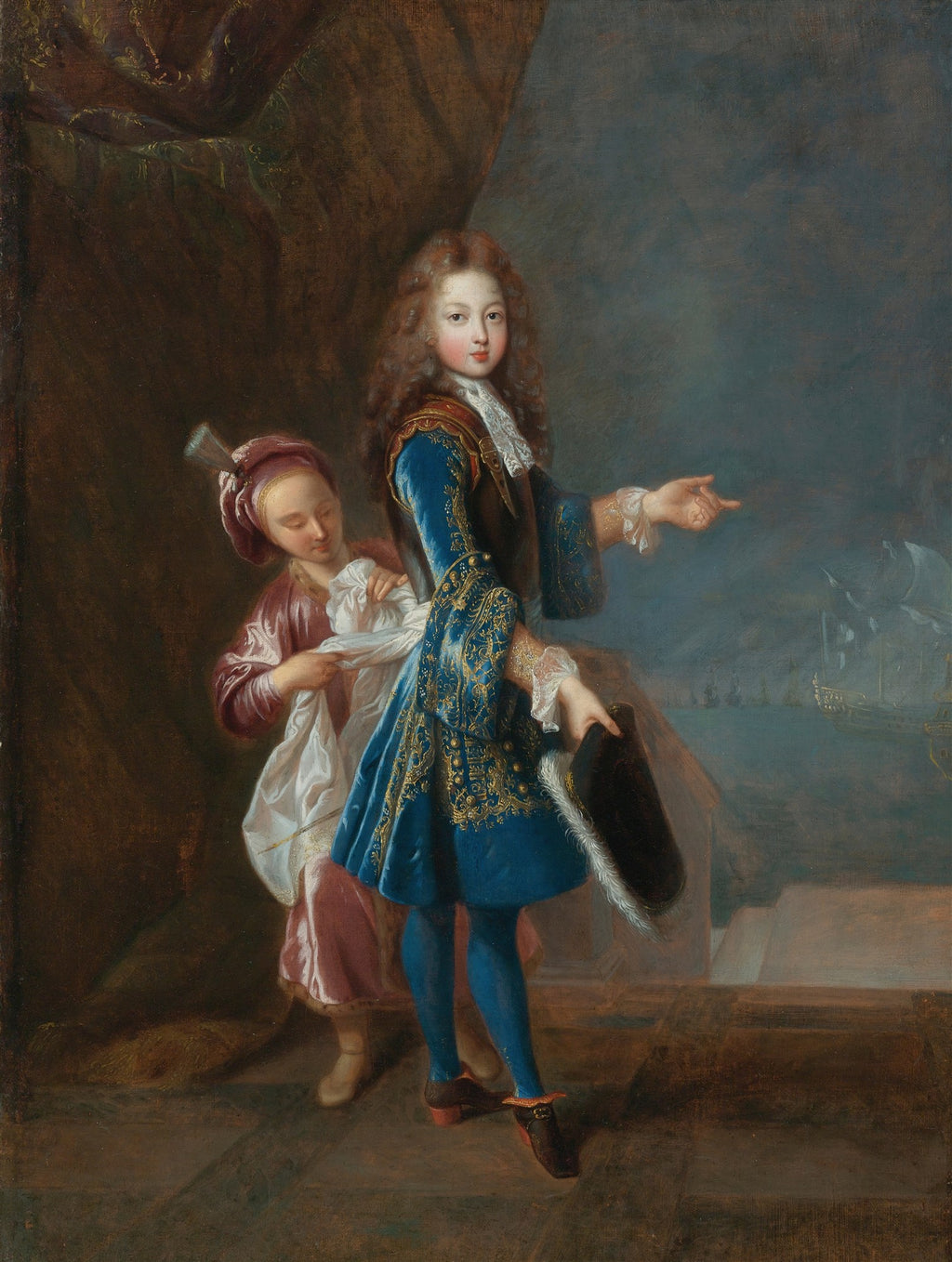 Retrato de um menino jovem com cabelos longos encaracolados e vestindo um traje azul ornamentado, com um chapéu na mão, ao lado de um criado, em estilo rococó, atribuído a Jean François de Troy