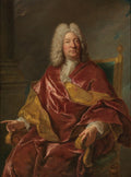Retrato de um cavalheiro do século XVIII, com peruca branca volumosa e vestindo um manto suntuoso em tons de vermelho e dourado, sentado em uma cadeira elegante. A obra é atribuída a Jean François de Troy.