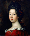 Retrato de uma jovem dama com cabelo escuro cacheado, vestido vermelho e renda branca, em estilo do século XVIII, atribuído a Jean François de Troy.