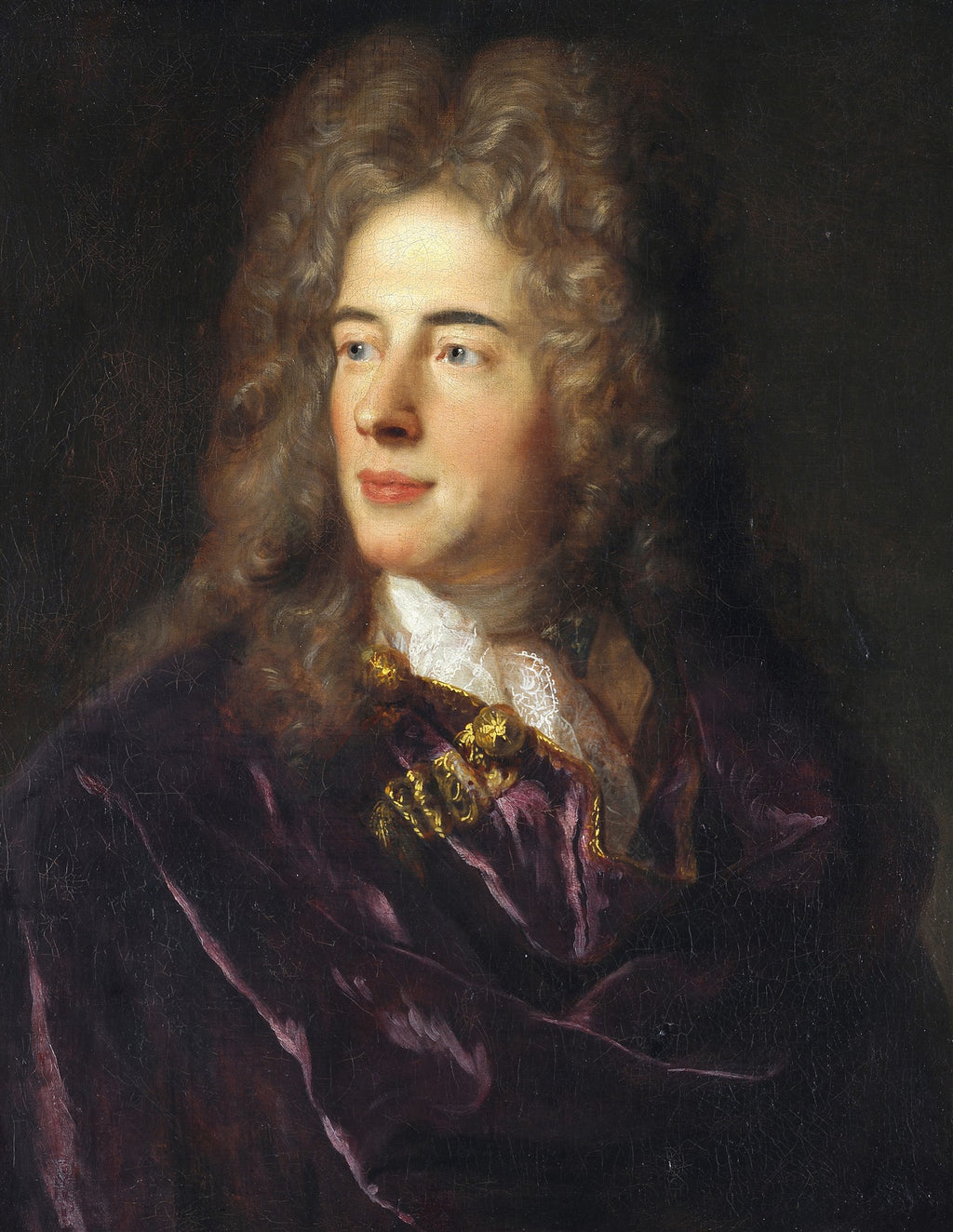 Retrato de um cavalheiro com peruca e vestes de veludo púrpura, atribuído a Jean François de Troy, em estilo Rococó.