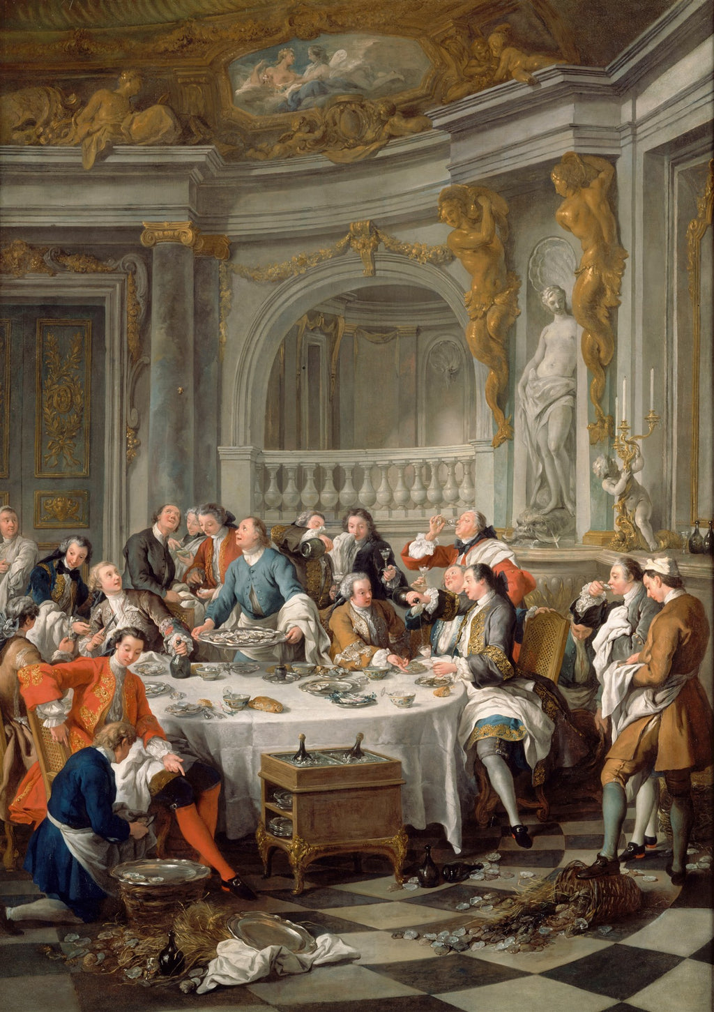 Quadro decorativo 'O Almoço de Ostras' de Jean François de Troy, representando uma cena de banquete rococó com figuras elegantes em um ambiente luxuoso, comendo ostras e brindando.