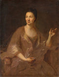 Retrato de uma senhora em tons pastel e marrons, atribuído a Jean François de Troy, com expressão serena e vestes elegantes. Ela olha para o lado esquerdo e gesticula com a mão direita.