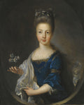 Retrato de uma jovem dama com vestido azul e flores, atribuído a Jean François de Troy. A imagem exibe uma mulher de pele clara, com o cabelo preso e decorado com pequenas flores, vestindo um corpete azul vibrante e renda branca. Ela segura delicadamente um pequeno buquê de flores claras. O fundo é escuro, criando um contraste dramático com a figura iluminada.