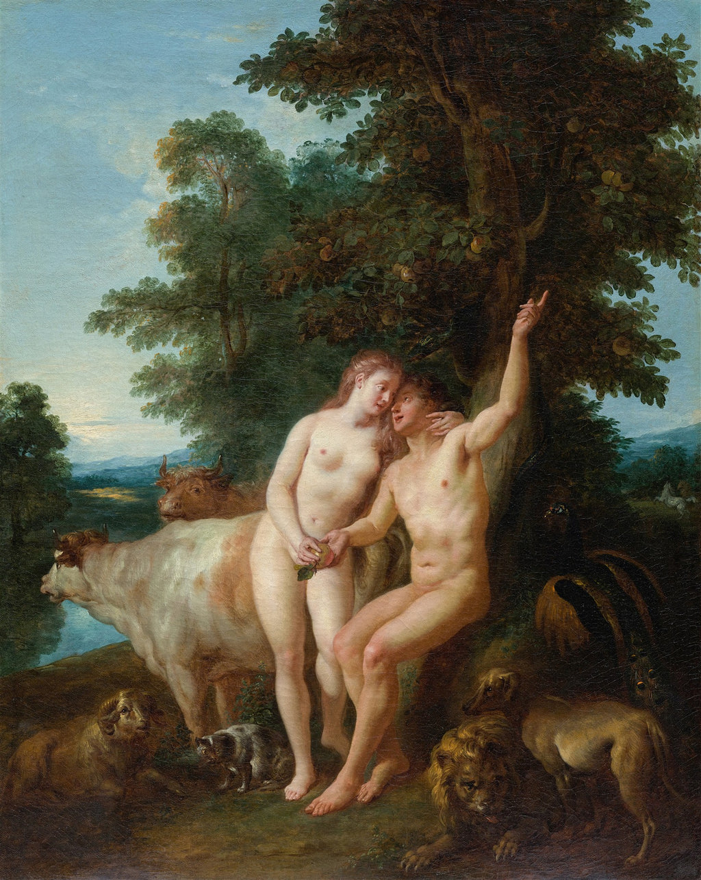 Quadro a óleo de Jean François de Troy, A Criação do Homem e da Mulher, mostrando Adão e Eva nus sob uma árvore, rodeados por animais como leões, vacas e um carneiro, em um cenário de paisagem exuberante com céu azul claro.