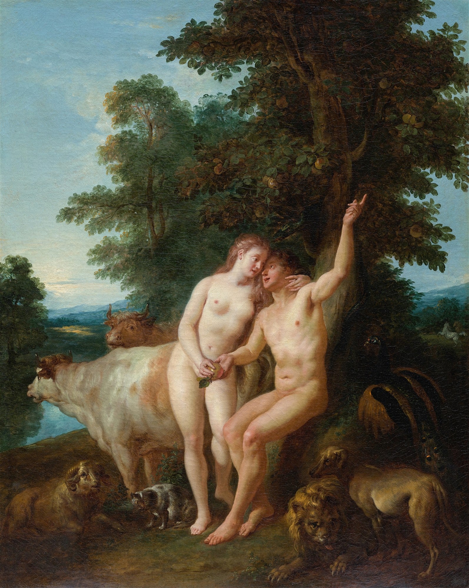 Quadro a óleo de Jean François de Troy, A Criação do Homem e da Mulher, mostrando Adão e Eva nus sob uma árvore, rodeados por animais como leões, vacas e um carneiro, em um cenário de paisagem exuberante com céu azul claro.