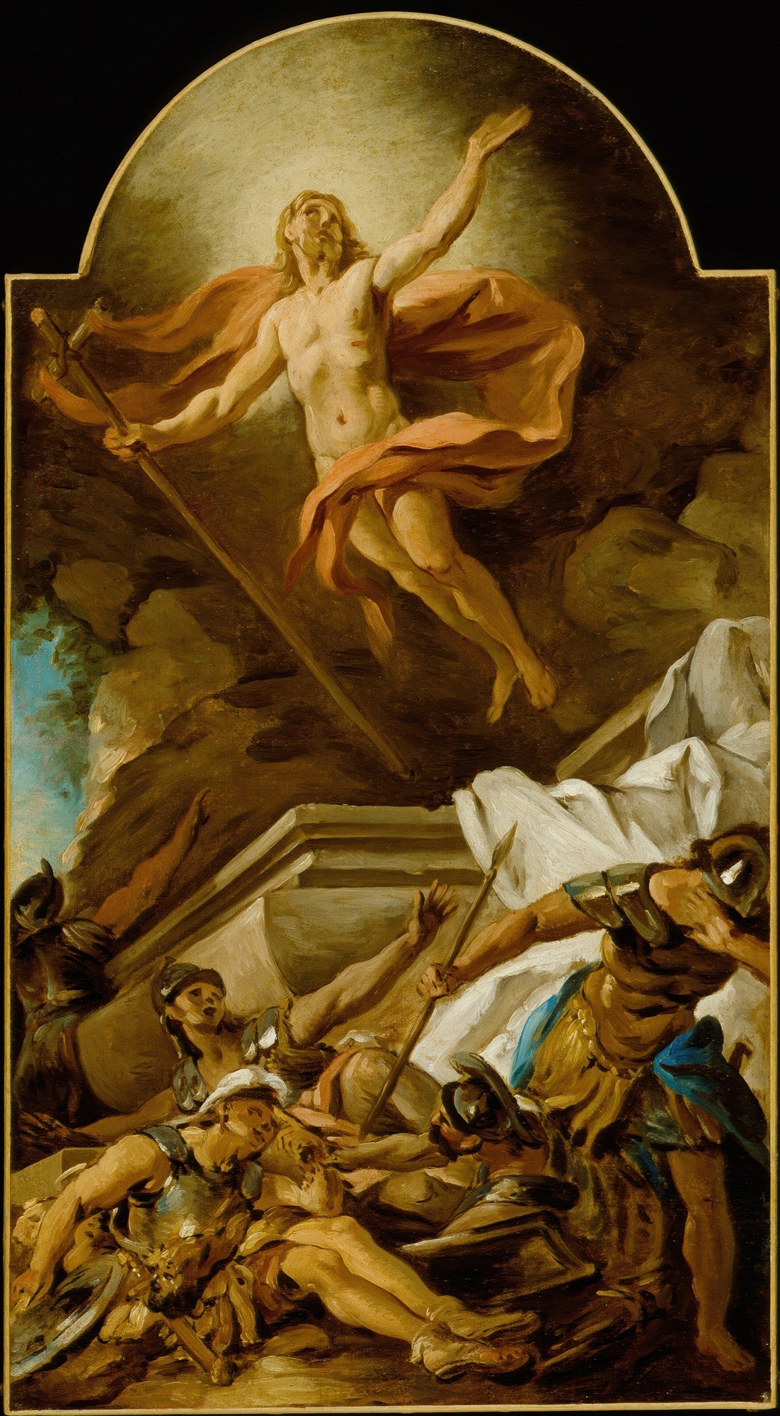 Pintura de Jean François de Troy, A Ressurreição de Cristo, mostrando Jesus com um manto laranja flutuando acima de guardas romanos caídos, com luz divina ao fundo. Cena bíblica e dramática em tons terrosos.
