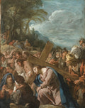 Pintura a óleo de Jean François de Troy, 'A Caminho do Calvário', mostrando Jesus Cristo carregando a cruz, cercado por uma multidão e soldados romanos, com paisagem montanhosa e céu dramático ao fundo. A obra apresenta tons terrosos, azuis e cinzas.