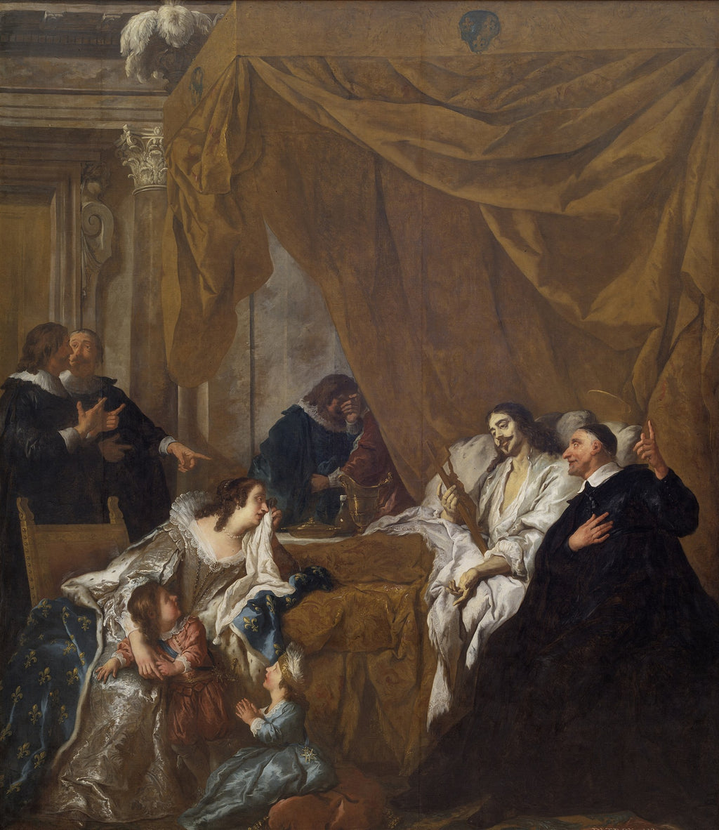 Quadro decorativo representando a cena histórica da Morte de Dario, com figuras em vestes clássicas reunidas em torno de um leito, expressando emoção e luto. Uma obra do artista Jean François de Troy com tons dourados e terrosos.