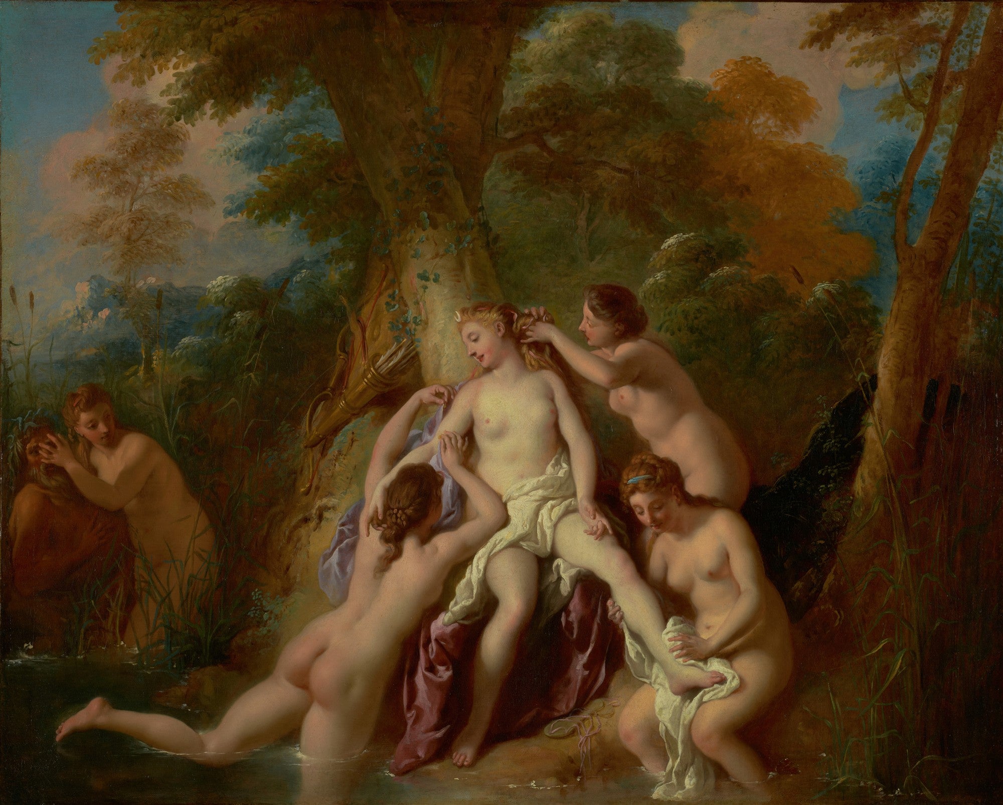 Quadro decorativo 'Banho de Diana' de Jean François de Troy, representando a deusa nua com ninfas em um ambiente natural, com árvores e água. A paleta é rica em tons terrosos e verdes, com corpos femininos em destaque.