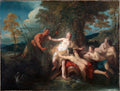 Quadro decorativo 'A Surpresa de Céfalo e Procris' de Jean François de Troy, representando uma cena mitológica com figuras nuas e seminuas em um ambiente natural, com um sátiro emergindo da vegetação.