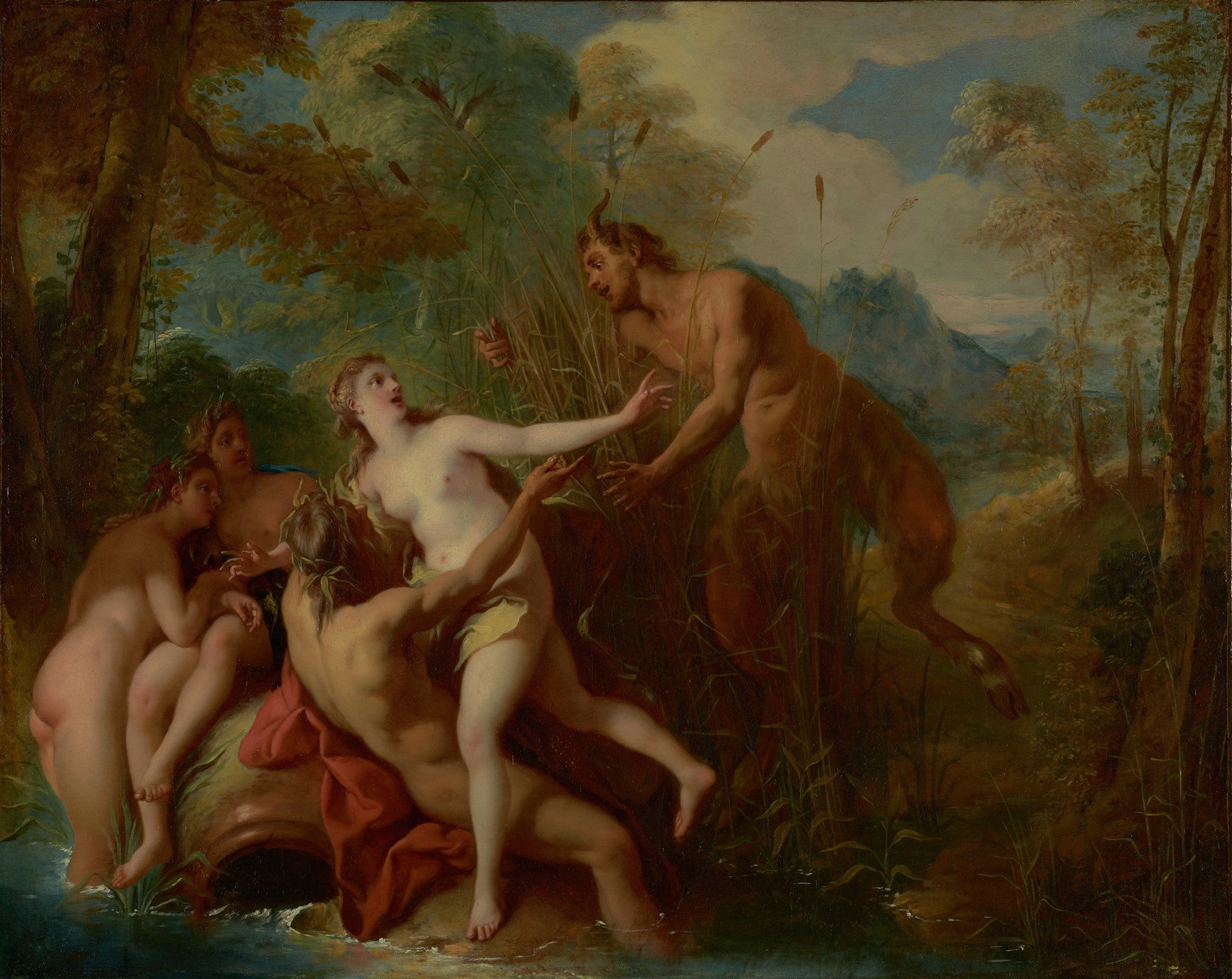 Pintura rococó 'A Surpresa de Pan' de Jean François de Troy, mostrando ninfas assustadas por Pan em uma paisagem florestal, com riqueza de detalhes e cores vibrantes.