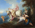 Pintura 'O Rapto de Europa' de Jean François de Troy, mostrando a princesa Europa sendo levada por um touro branco no mar, com ninfas e um cupido observando.