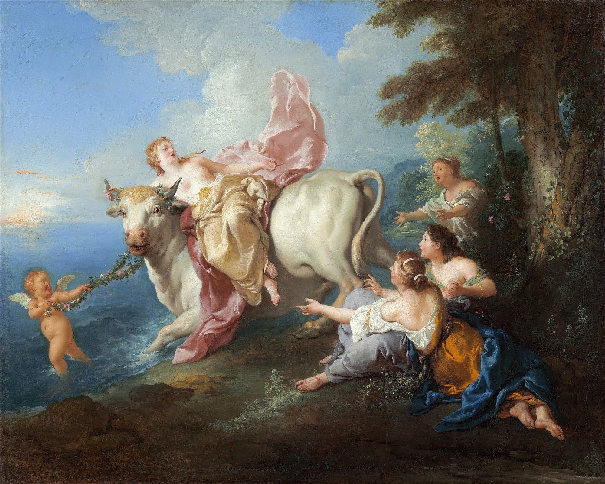Pintura 'O Rapto de Europa' de Jean François de Troy, mostrando a princesa Europa sendo levada por um touro branco no mar, com ninfas e um cupido observando.