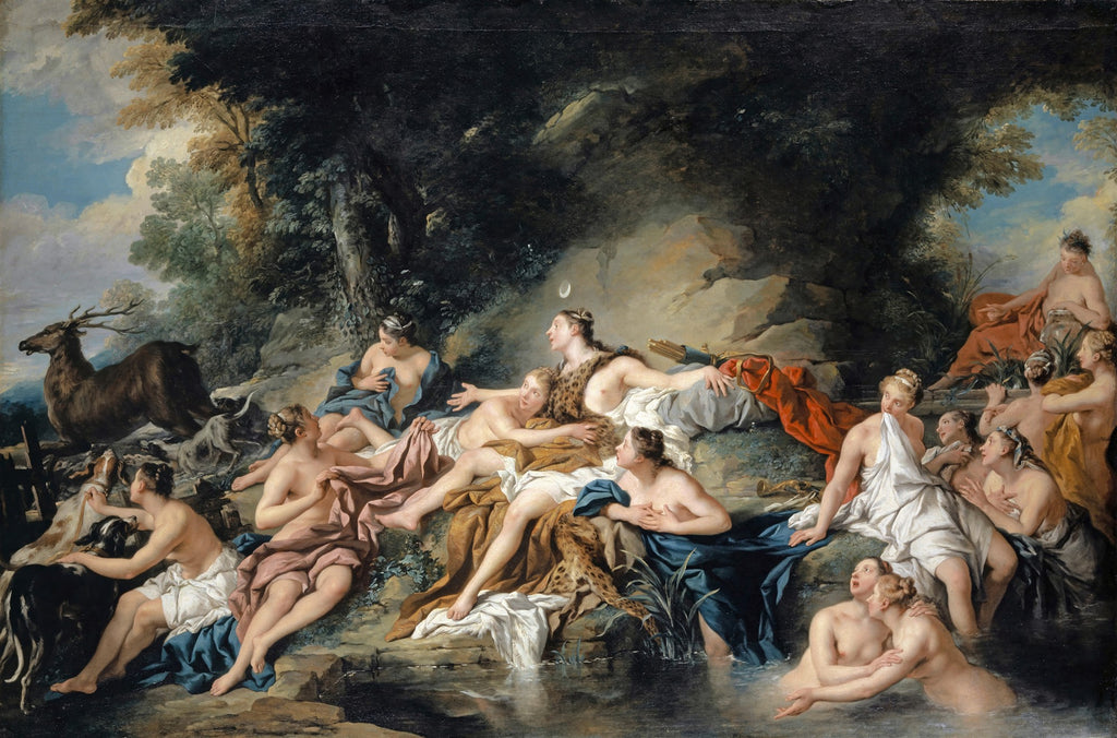 Pintura a óleo de Jean François de Troy, 'O Banho de Diana', retratando a deusa Diana e ninfas nuas e seminua banhando-se em um riacho em uma paisagem florestal, com um cervo na margem.