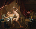 Pintura rococó de Jean François de Troy, mostrando uma mulher nua segurando uma lamparina sobre um homem deitado em uma cama com cortinas vermelhas e douradas.