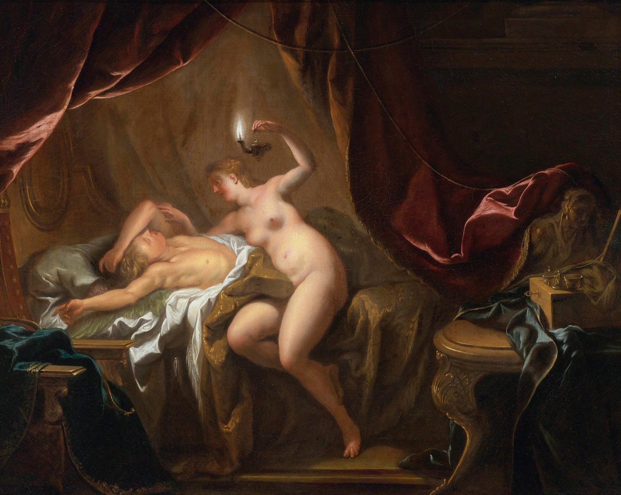 Pintura rococó de Jean François de Troy, mostrando uma mulher nua segurando uma lamparina sobre um homem deitado em uma cama com cortinas vermelhas e douradas.