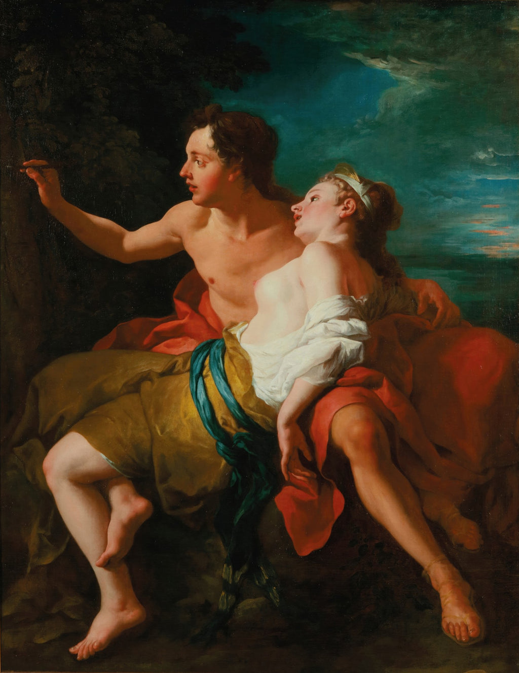 Casal apaixonado em cena romântica clássica, atribuído a Jean François de Troy, com tons escuros e dramáticos, figuras com pele clara e tecidos coloridos.