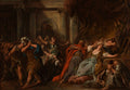 Pintura a óleo de Jean François de Troy, 'A Morte de Cleópatra', mostrando a rainha egípcia morrendo no chão com serpentes, cercada por figuras em desespero e um rei caído, em um ambiente dramático de arquitetura clássica escura.