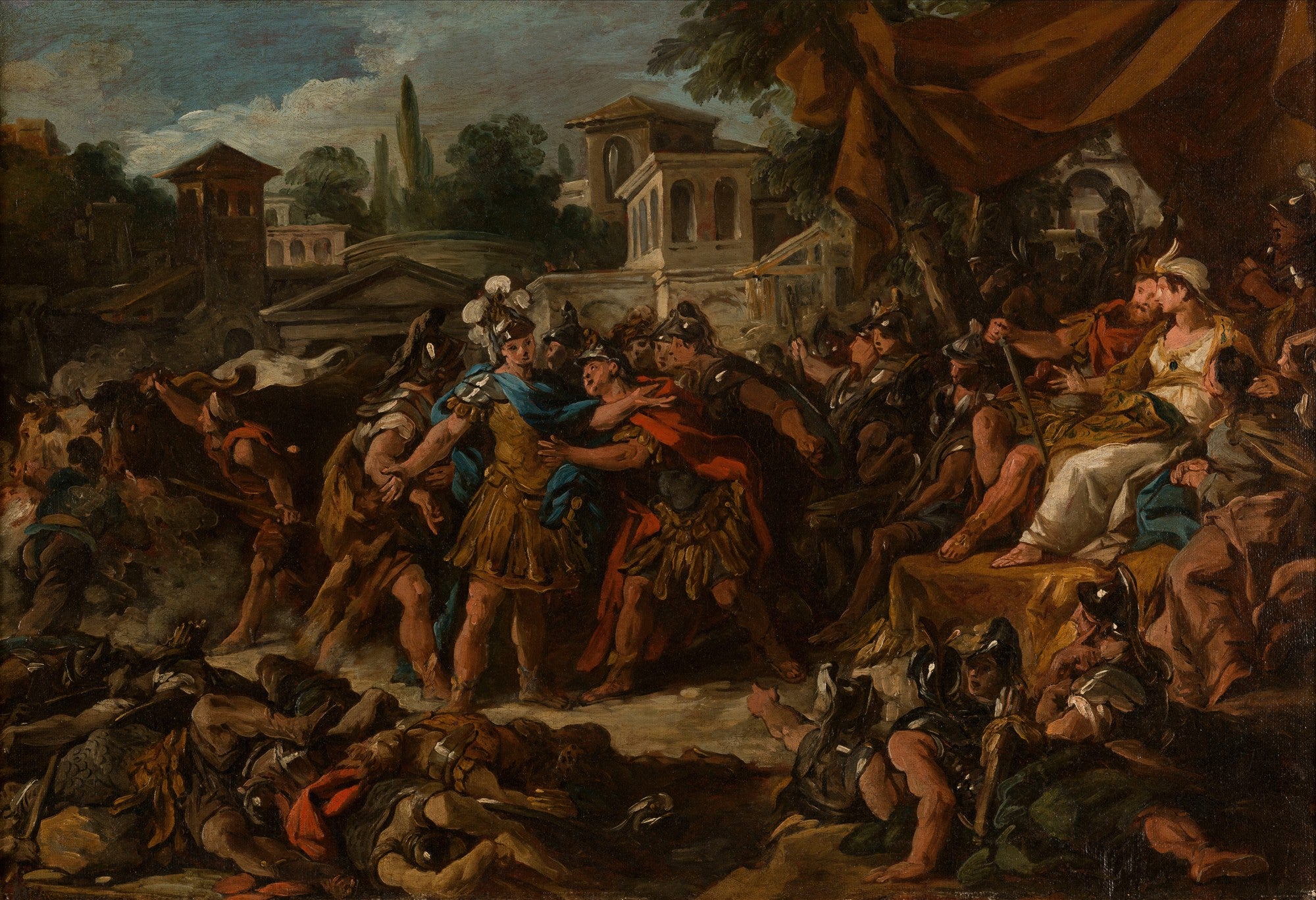 Quadro decorativo com a obra 'A Fúria de Aquiles' de Jean François de Troy, mostrando uma cena mitológica dramática com guerreiros em conflito e figuras reais, em estilo Rococó do século XVIII.