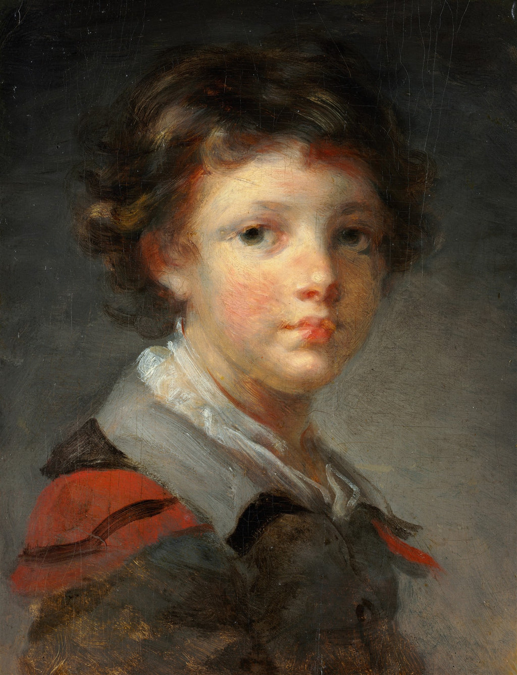 Retrato de um jovem menino com cabelos castanhos e cachos, olhos grandes e expressivos, vestindo uma camisa branca com gola e um casaco vermelho e cinza escuro. O fundo é escuro e neutro.