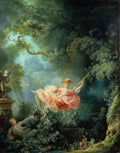 Quadro decorativo 'O Balanço' de Jean Honoré Fragonard, representando uma mulher em um balanço em um jardim exuberante, com um homem escondido e outro empurrando o balanço.