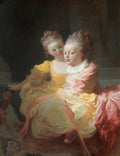 Pintura a óleo de Jean Honoré Fragonard, 'Duas Irmãs', retratando duas meninas jovens com cabelos cacheados rosados, vestindo vestidos um amarelo e outro rosa, em um abraço terno com fundo escuro. A menina da frente olha para o espectador, enquanto a de trás a abraça e sorri.