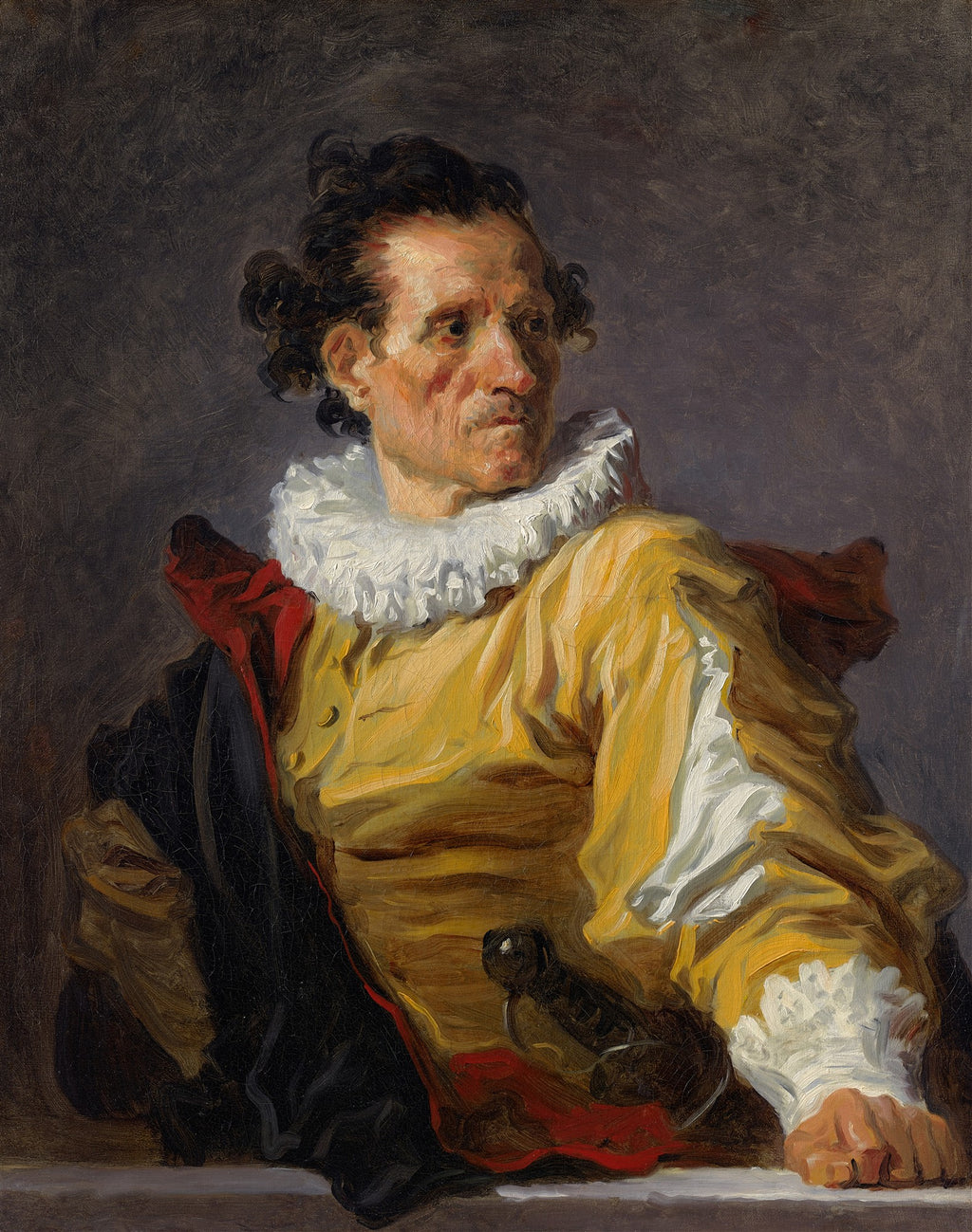 Retrato de um homem com peruca encaracolada, gola bufante branca e vestimenta amarela e vermelha, olhando para o lado direito, em estilo rococó.