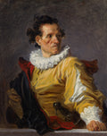 Retrato de um homem com peruca encaracolada, gola bufante branca e vestimenta amarela e vermelha, olhando para o lado direito, em estilo rococó.