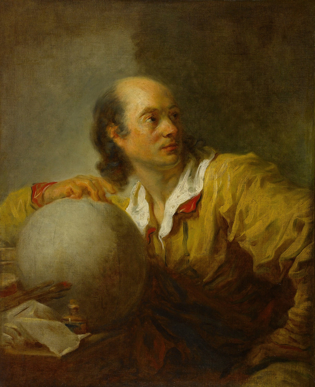 Retrato a óleo de um homem calvo com cabelos castanhos compridos nas laterais, vestindo uma camisa branca e jaqueta amarela com detalhes em vermelho, olhando para o lado. Sua mão direita repousa sobre um globo terrestre. O fundo é escuro e neutro.