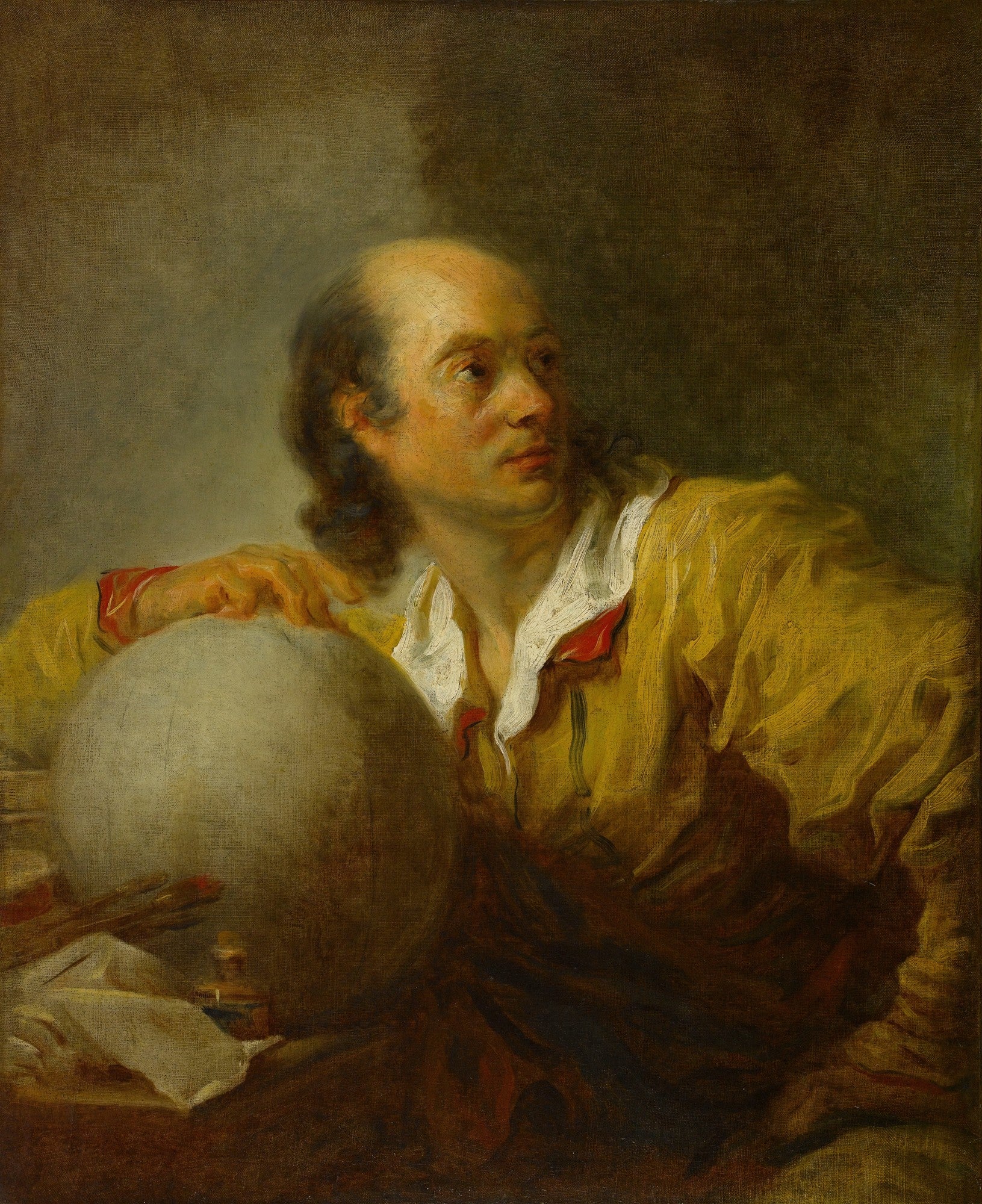 Retrato a óleo de um homem calvo com cabelos castanhos compridos nas laterais, vestindo uma camisa branca e jaqueta amarela com detalhes em vermelho, olhando para o lado. Sua mão direita repousa sobre um globo terrestre. O fundo é escuro e neutro.