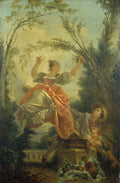 Pintura de Jean Honoré Fragonard, 'A Gangorra', mostrando uma mulher alegre em um balanço, com um homem e uma criança observando abaixo em um jardim exuberante, com tons pastéis e pinceladas fluidas.