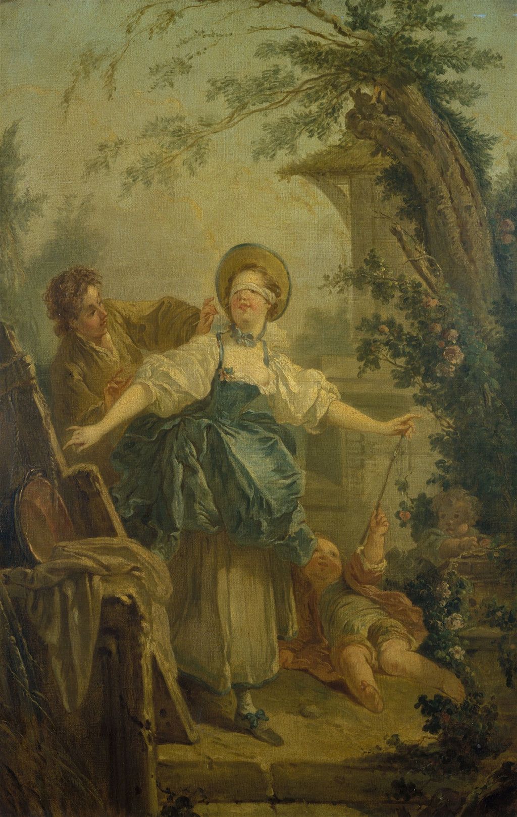 Quadro decorativo mostrando a obra 'Blind Man's Bluff' de Jean Honoré Fragonard, com figuras jogando cabra-cega em um cenário de jardim rococó.