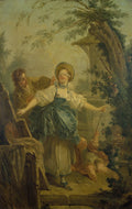Quadro decorativo mostrando a obra 'Blind Man's Bluff' de Jean Honoré Fragonard, com figuras jogando cabra-cega em um cenário de jardim rococó.