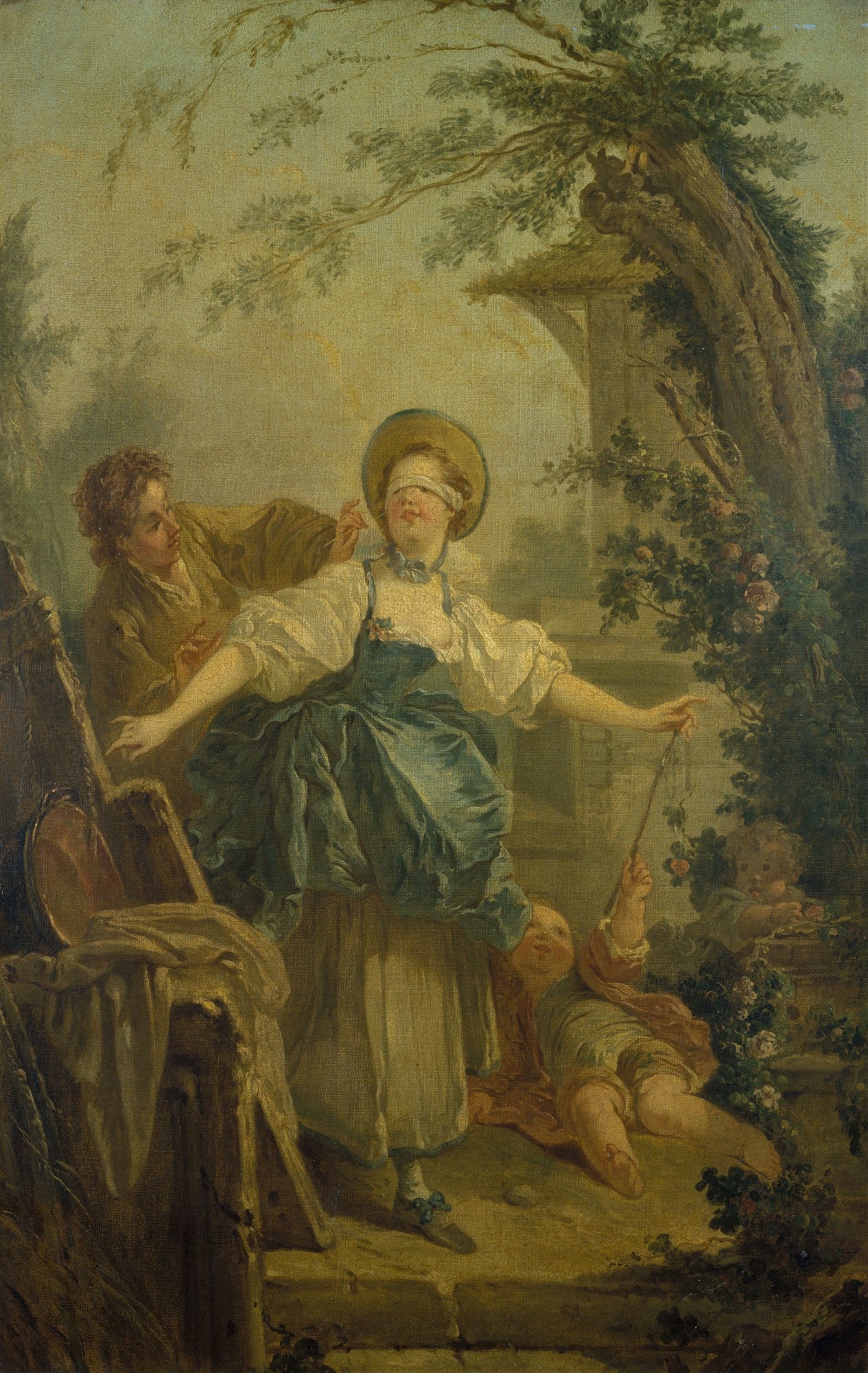 Quadro decorativo mostrando a obra 'Blind Man's Bluff' de Jean Honoré Fragonard, com figuras jogando cabra-cega em um cenário de jardim rococó.