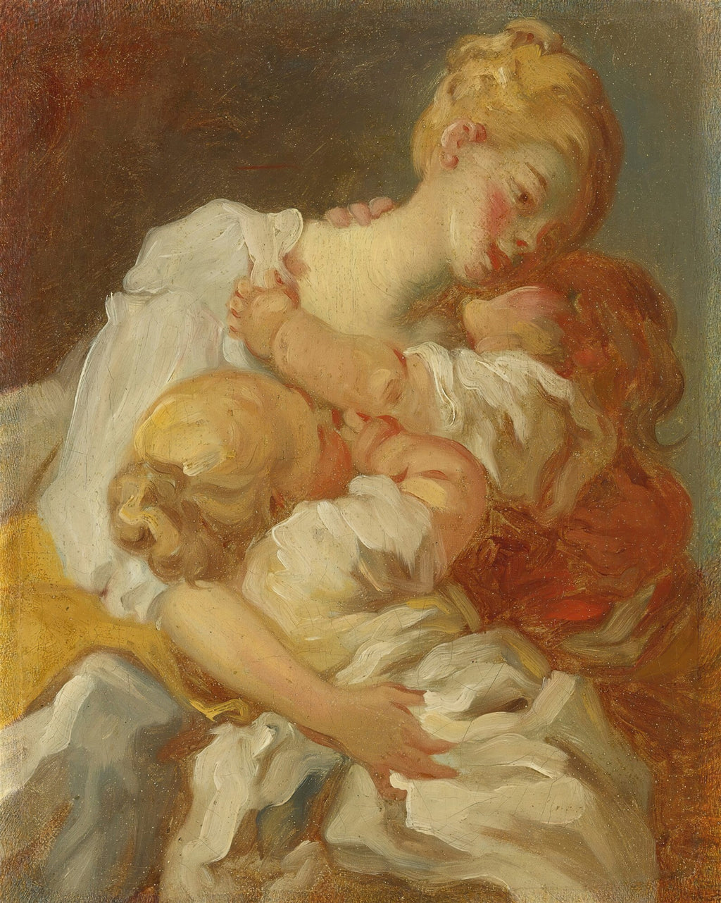 Pintura a óleo de Jean-Honoré Fragonard, "A Mãe Feliz", mostrando uma mulher loira abraçando duas crianças pequenas, com tons quentes e pinceladas suaves, simbolizando a maternidade no estilo Rococó.