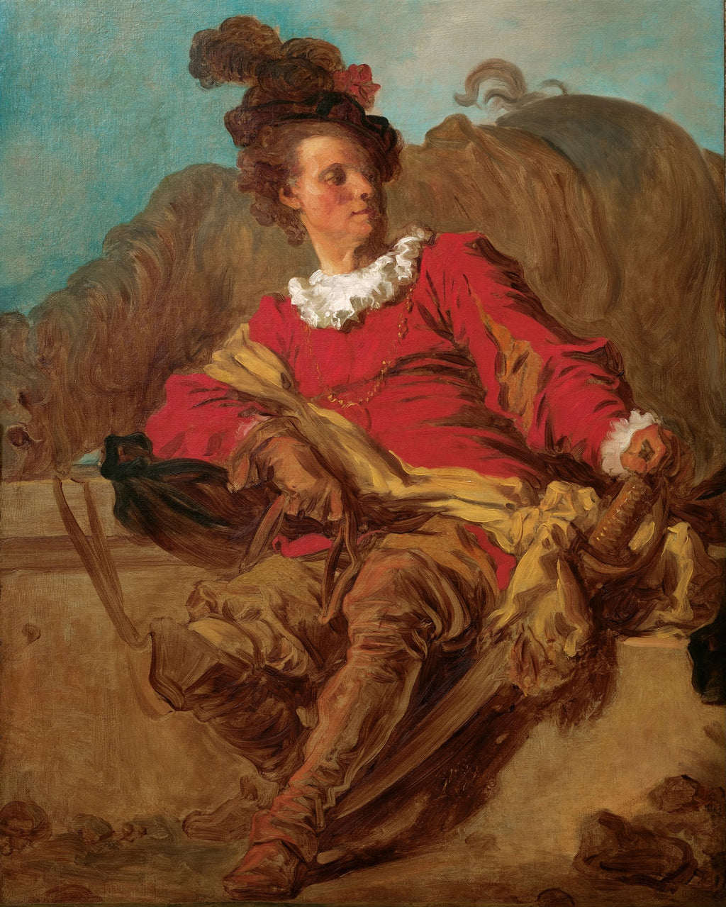 Retrato de um homem jovem com vestes vermelhas e chapéu emplumado, sentado, em estilo rococó, atribuído a Jean Honoré Fragonard.