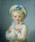 Retrato de um menino jovem com cabelos loiros e bochechas rosadas, vestindo um chapéu branco com fita azul e uma roupa branca decorada com flores, pintado por Jean Honoré Fragonard.