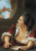 Uma mulher jovem com vestes vermelhas e brancas, de perfil, com uma expressão de surpresa ou antecipação, olhando para uma mão que lhe entrega uma carta por uma janela, em uma pintura de Fragonard.