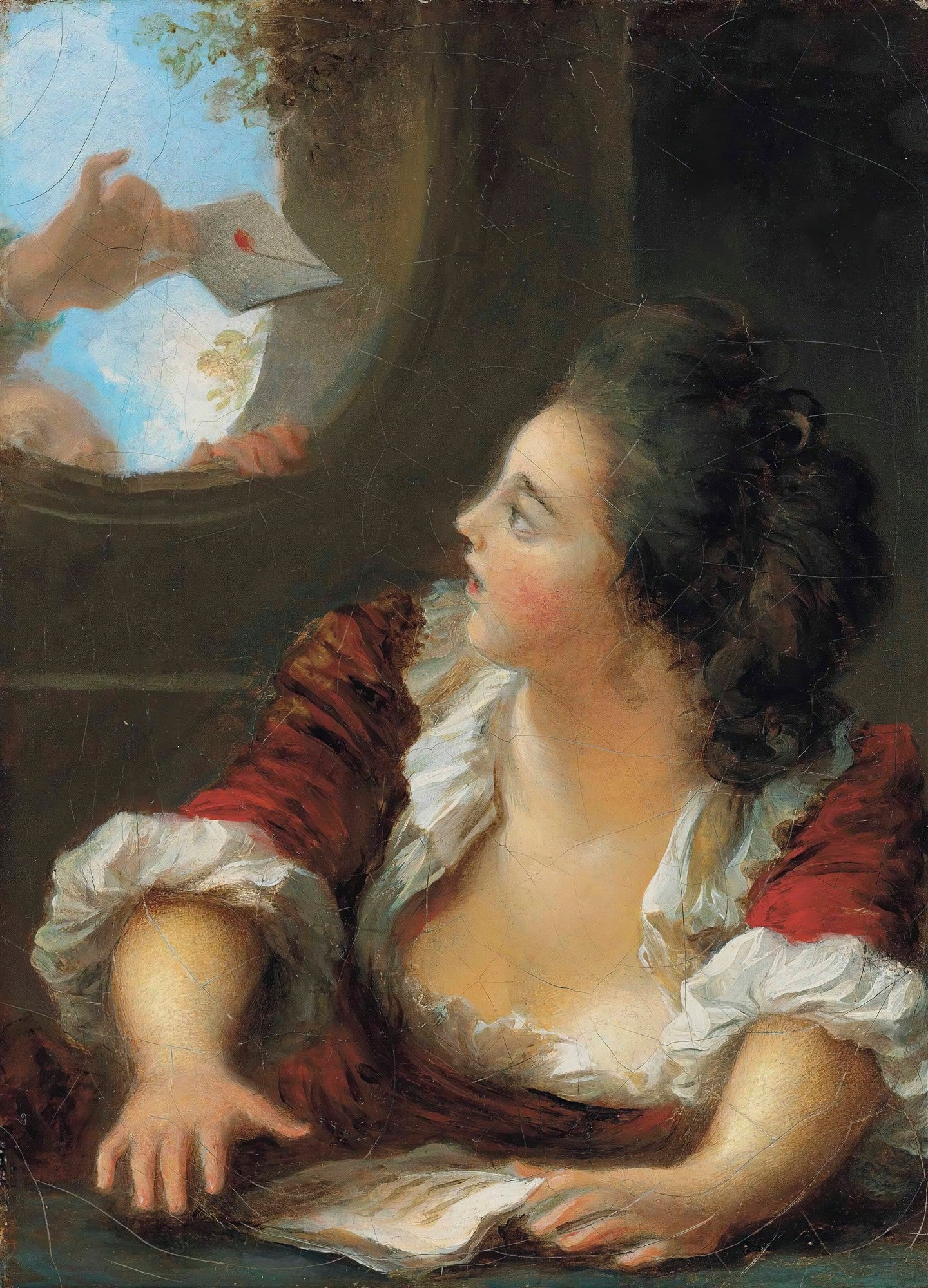 Uma mulher jovem com vestes vermelhas e brancas, de perfil, com uma expressão de surpresa ou antecipação, olhando para uma mão que lhe entrega uma carta por uma janela, em uma pintura de Fragonard.