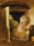 Pintura a óleo de Jean Honoré Fragonard, "A Jovem Curiosa", retratando uma mulher jovem de cabelo claro, com um olhar inquisitivo, espreitando por uma abertura escura, com a mão esquerda apoiada na borda da abertura.
