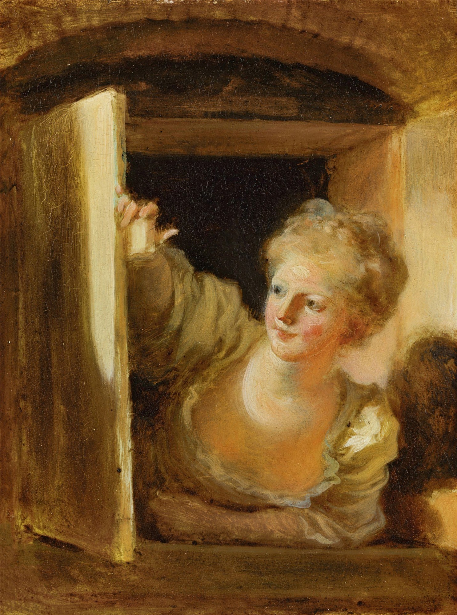 Pintura a óleo de Jean Honoré Fragonard, "A Jovem Curiosa", retratando uma mulher jovem de cabelo claro, com um olhar inquisitivo, espreitando por uma abertura escura, com a mão esquerda apoiada na borda da abertura.