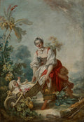 Uma pintura a óleo de Jean-Honoré Fragonard, intitulada 'A Carroça da Criança', retratando uma mulher jovem com um bebê em uma carroça e uma criança pequena ao lado, em um cenário campestre suave do século XVIII.